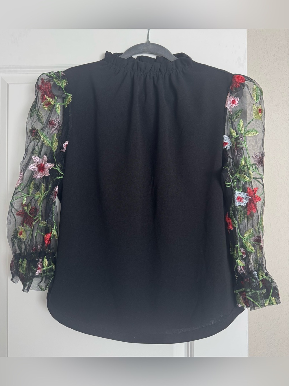 Stem & Vine Black Blouse with Embroidered Sheer Floral Sleeves